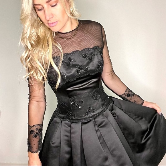 Lillie Rubin Black Long Mesh Sleeve Beaded Dress 6 - Picture 2 of 16